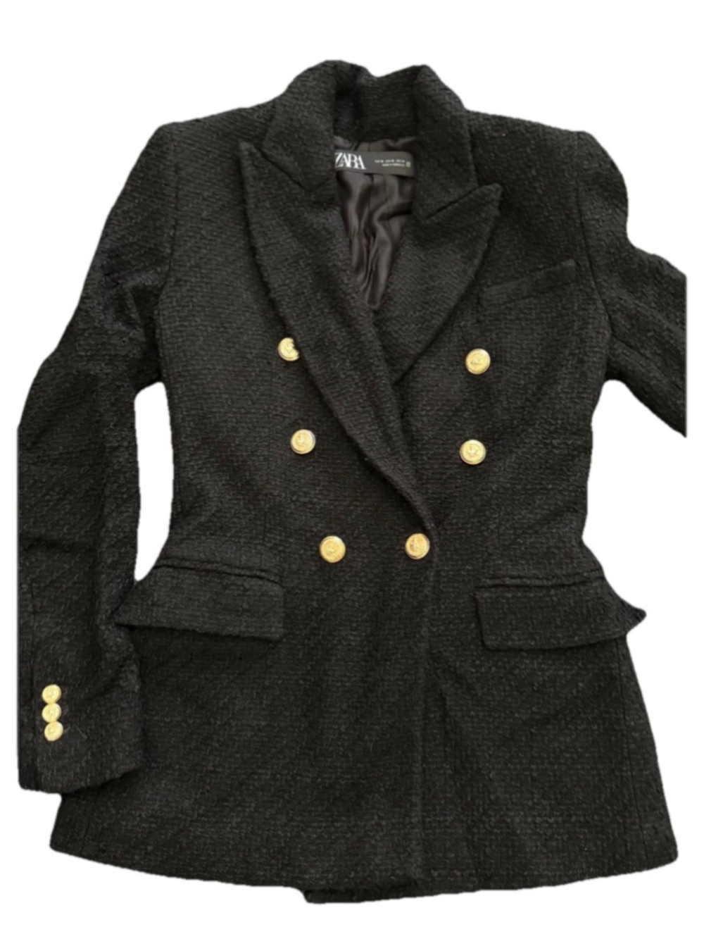 Zara Soft Boucle tweed double breasted Jacket - XS Black - Gold Buttons
